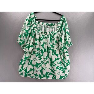 Sonoma Top Womens 2X Green White Square Neck Puff Sleeve Cottagecore Boho Chic